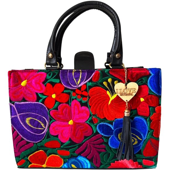 Floral Vibrant Tapestry embroidery artisanal handbag satchel vegan leather w mak - Picture 1 of 9